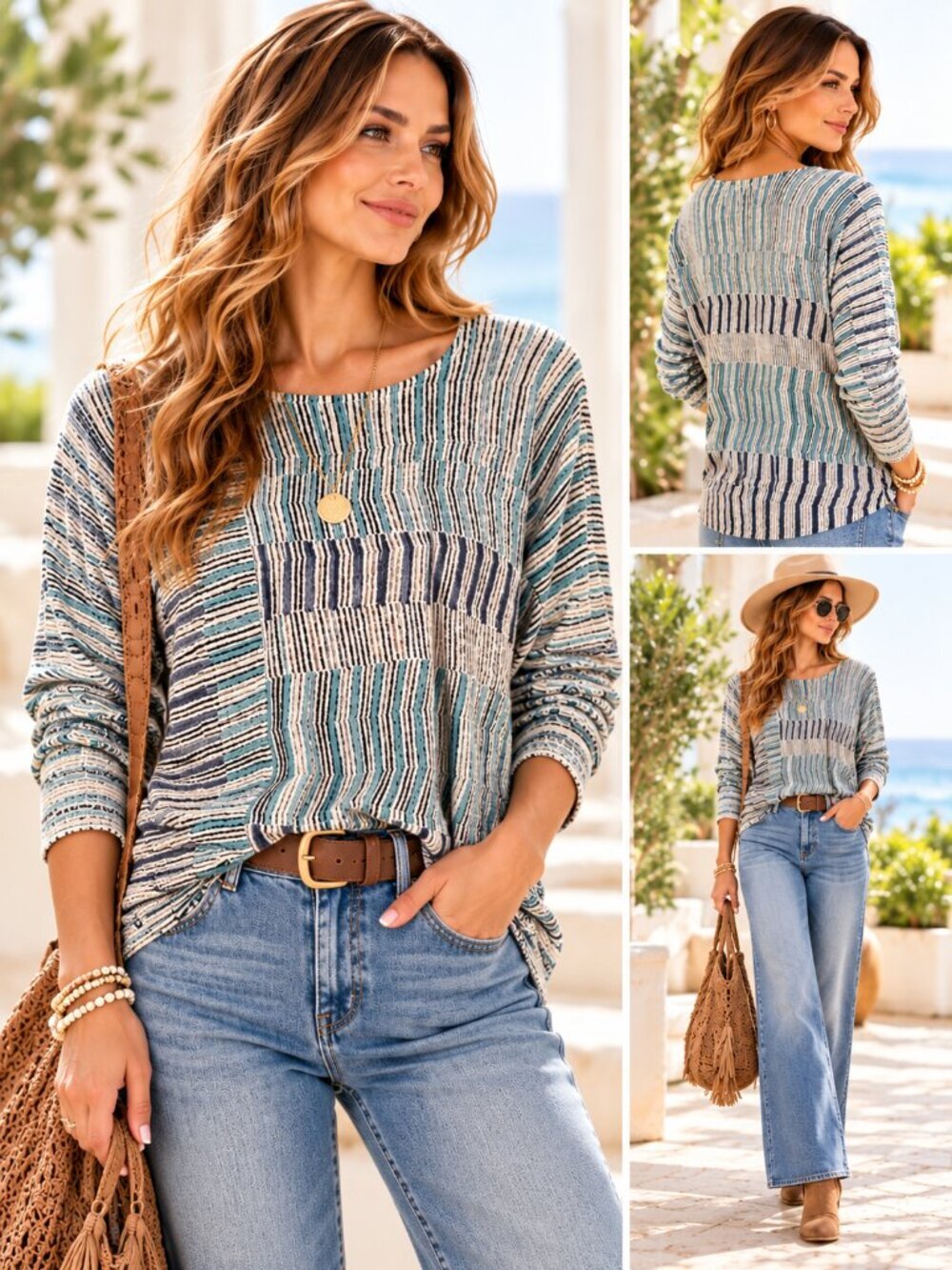 Nic + Zoe Womens Ivory Blue Stripe Linen Blend Sweater L Dolman Sleeve Coastal